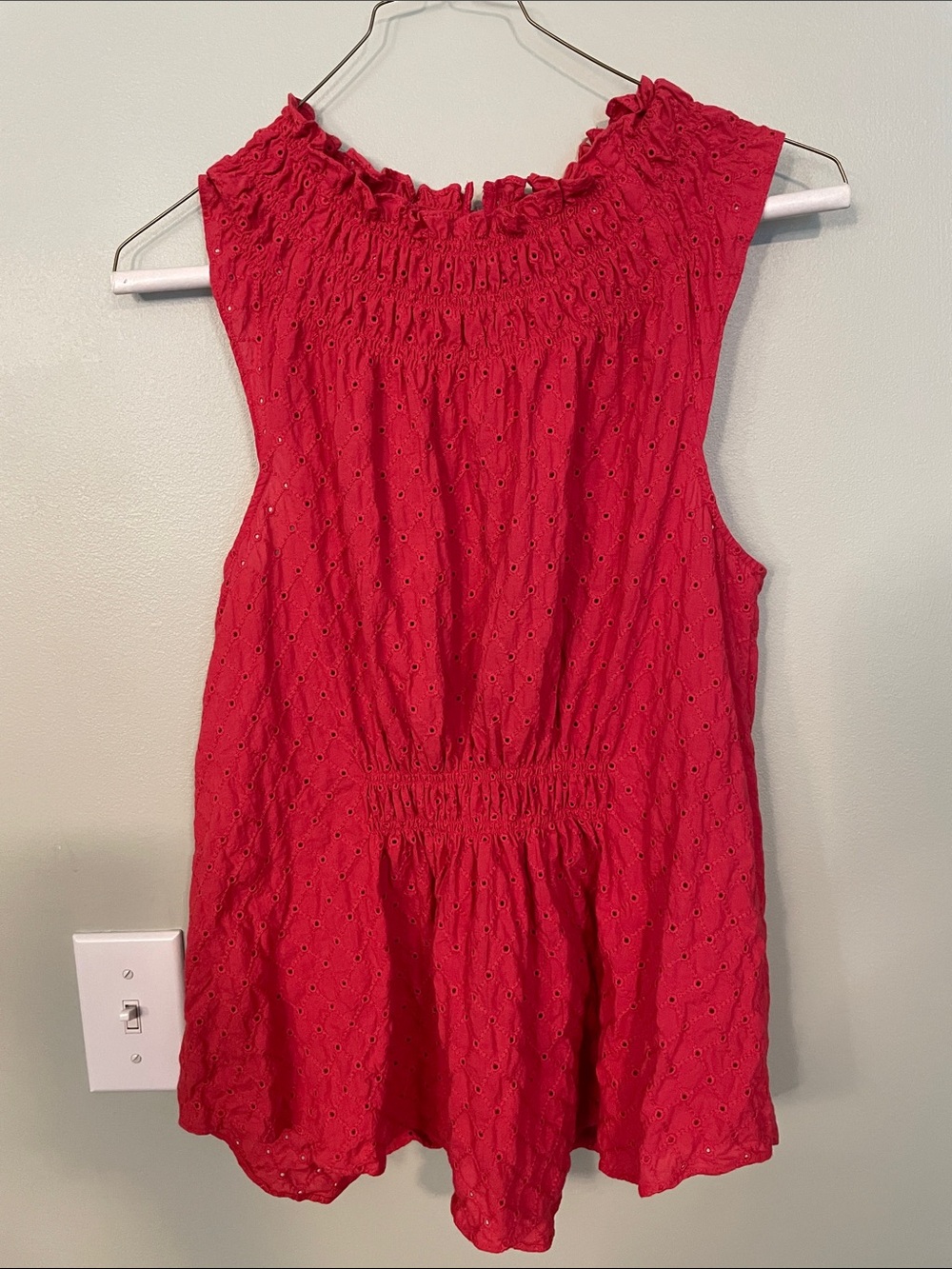 cinq a sept Red Sleeveless Eyelet Smocked Neck shirt